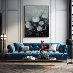 niebieska kanapa w eleganckim wnętrzu