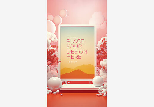 Colorful Frame Mockup Template with Mountain Scene, Clouds, and Red Sky In Background and Place for Your Design