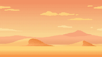 Pixel art nature sand desert landscape. Retro cartoon 8bit video game arcade level with sand mountains. Vector seamless background. © ad_stock