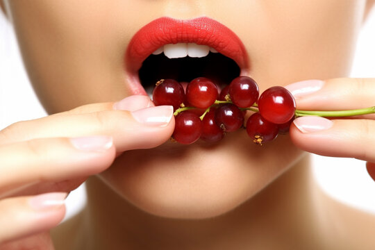 Intimate Glimpse: Female Lips Savoring Juicy Red Currants Up Close AI generated
