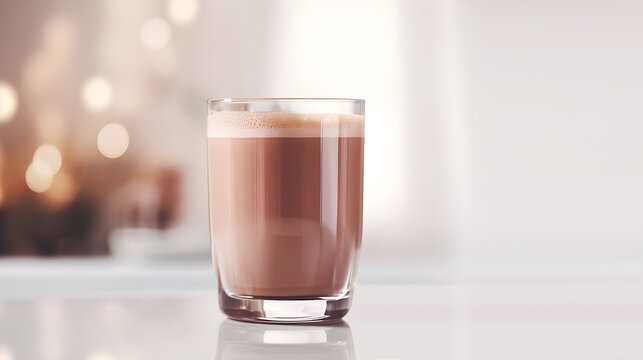 Hot cocoa drink or chocolate in a highball glass on the light festive background with beautiful bokeh.