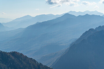 blue sky over valley among albania theth national park and mountains - obrazy, fototapety, plakaty