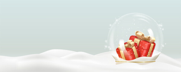 Christmas and New Year greeting card with transparent snow globe with gifts.
