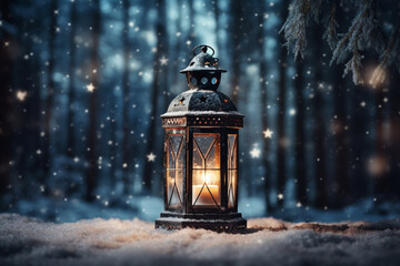 christmas lantern in the snow - obrazy, fototapety, plakaty