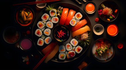 Photo rolls and sushi black background