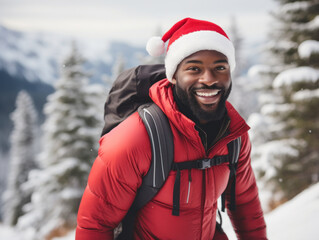 Fototapeta na wymiar Wearing a Christmas hat to climb a mountain