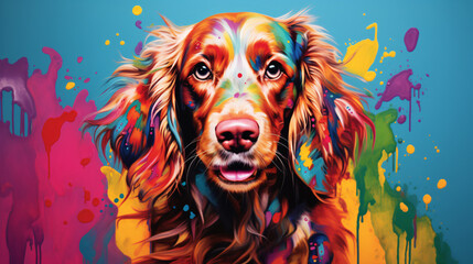 A colorful dog sitting