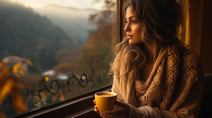 Wide horizontal photo of a cute girl drinking a coffee near a window in winter background with mountain landscape outside  