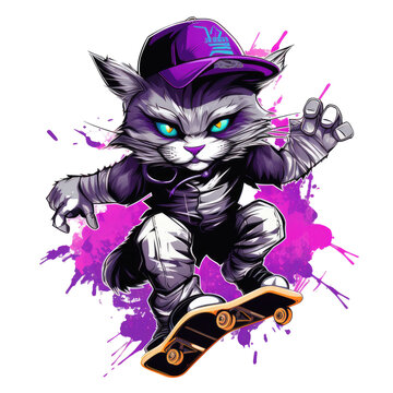 Hip hop Cat rides on skateboard. street style, cat playing skateboard Vintage logo badge