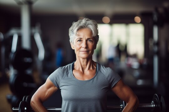 exhausted mature woman lifting weights in a gym