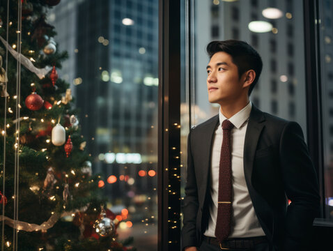 Business people stand in their offices in skyscrapers at Christmas