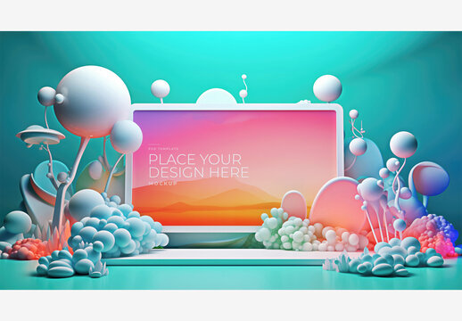 Colorful Frame Mockup Template with Objects and Clouds on Computer Screen - Place Your Design Here! Frame Mockup Template Colorful