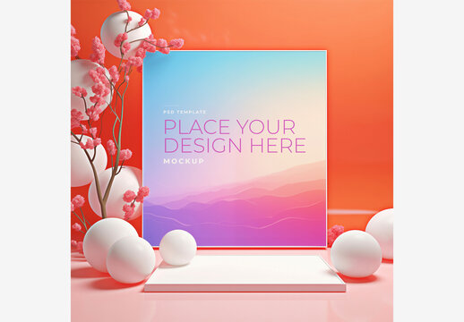 Colorful Frame Mockup Template with Pink Background, White Box, Flower, and Balls for Vibrant Stock Photos Frame Mockup Template Colorful