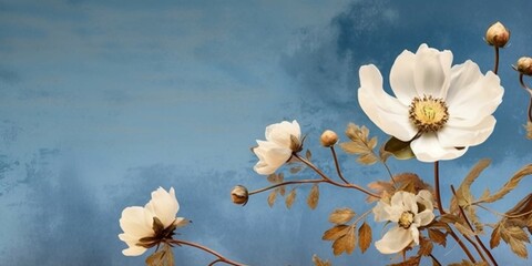 a blue background featuring a cute flower, in the style of light beige and dark azure