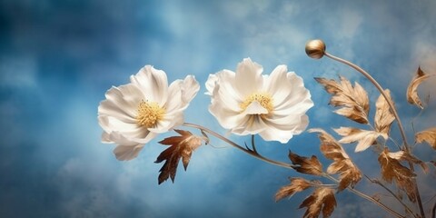 a blue background featuring a cute flower, in the style of light beige and dark azure