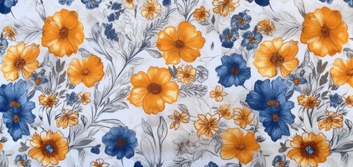 a blue floral background with flowers on white, in the style of light orange and light gray