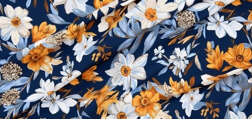 a blue floral background with flowers on white, in the style of light orange and light gray