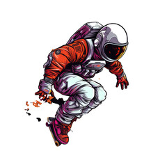 Fototapeta na wymiar Astronaut rides on skateboard through the space. jump on space, playing skateboard Vintage logo badge