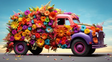 Muurstickers A colorful truck with flowers © Hassan