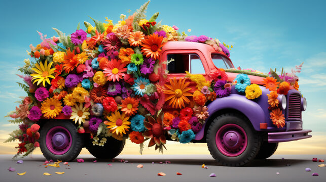 A colorful truck with flowers