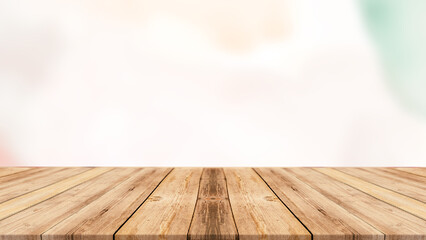 White old wood floor with blurred brown sepia tone background. Wooden planks stage texture and blur flare sunlight. - obrazy, fototapety, plakaty