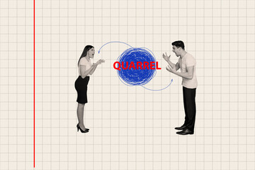 Artwork collage image of two mini black white effect people yell fight conflict isolated on...