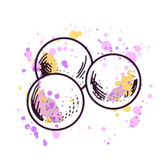 Hand-drawn round bathroom bombs, beauty cosmetic element, self care on a watercolor pastel background with splashes of paint. Illustration for cosmetic store. Doodle sketch style.