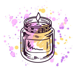 Hand-drawn doodle wax candle in a glass jar-candlestick on a watercolor pastel background with splashes of paint. Beauty cosmetic element, self care. Sketch style.