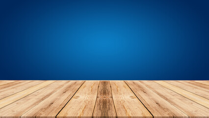 Product display background. Blue blurry wall against focused wooden table top.