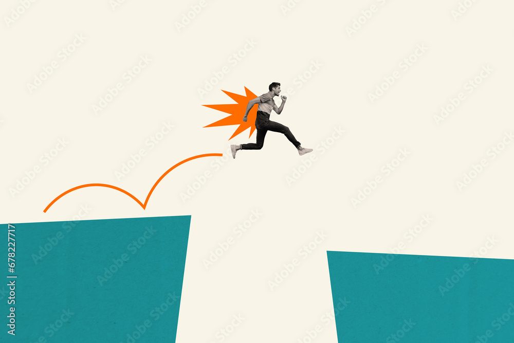 Poster creative abstract template collage of running man jumping over abyss career business invention manag