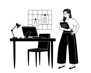 Female employee standing next to her workplace in the office, black and white illustration