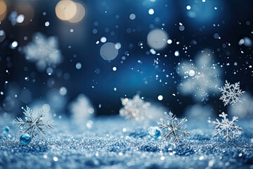 Winter blue banner with snowflakes and glitter sparkling lights on background