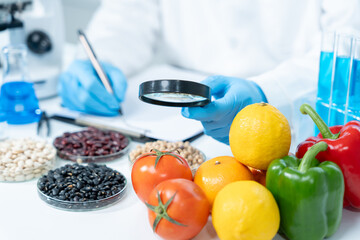 Scientist check chemical food residues in laboratory. Control experts inspect the concentration of...