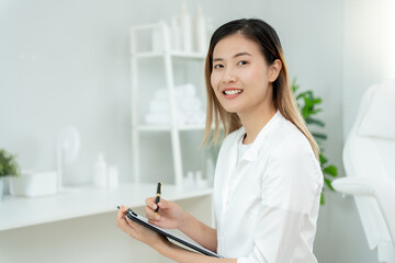 Dermatology and beauty clinic, portrait Aesthetic Doctor, checklist for dermatologists. Beauty salon, spa, massage with equipment to to help relax, physiotherapy, relaxing massage, treatment