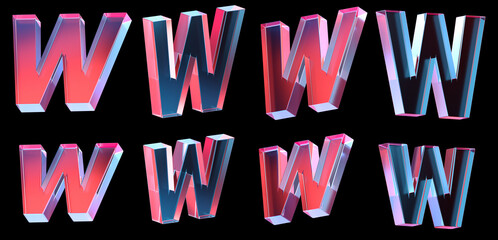 letter W with colorful gradient and glass material. 3d rendering illustration for graphic design, presentation or background