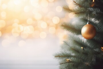 Close up of golden Christmas tree toy ball decoration on a fluffy fir branch on festive background