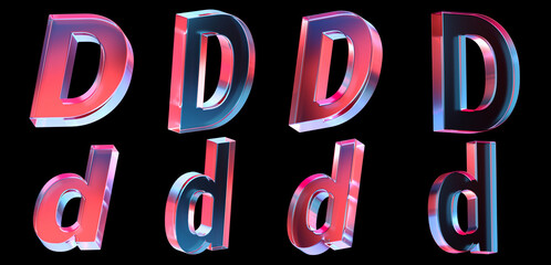 letter D with colorful gradient and glass material. 3d rendering illustration for graphic design, presentation or background