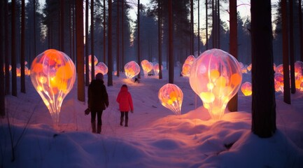A heartwarming scene of a mother and child walking together past enchanting light orbs in a winter...