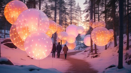 A picturesque path lined with glowing light orbs during twilight in a snowy winter forest creates a captivating sight