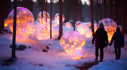 Mystical illuminated orbs scattered in a snow-covered forest as people walk by, capturing a magical winter dusk scene