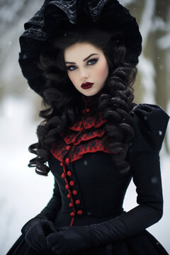 A sophisticated lady clad in gothic-inspired winter fashion stands amidst a snowy backdrop, exuding mystery and elegance