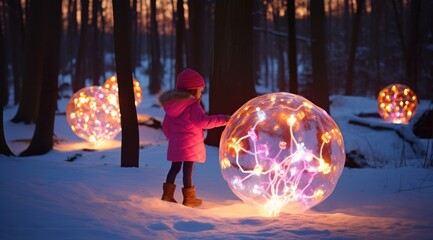 A little child interacts with a mesmerizing orb of light in a snowy, enchanted forest night