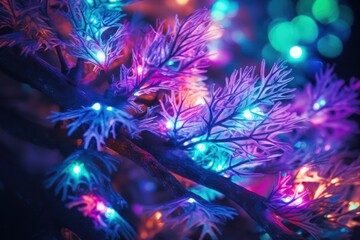 Obraz na płótnie Canvas Close-up of vibrant led lights illuminating decorative holiday branches, creating a festive atmosphere