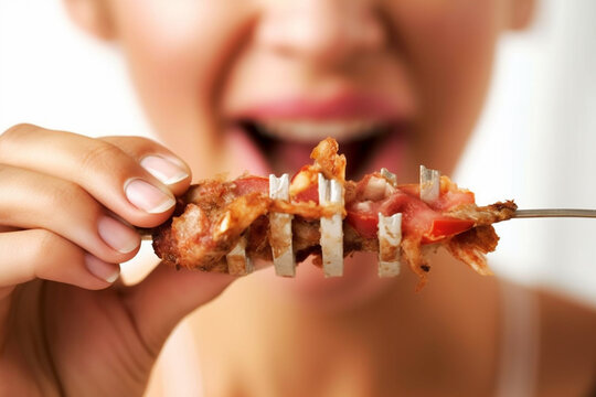 Close-Up of Woman's Lips Reveling in Savory Skewer Satisfaction AI generated