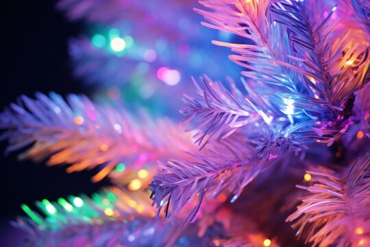 Festive artificial foliage with an iridescent glow from multicolored lights, close-up view
