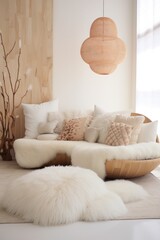 Bright and cozy home interior scene featuring plush fur decor and wooden elements, embodying comfort and simplicity