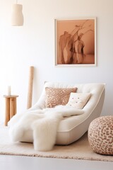 Modern living space with off-white couch, fur throw, art frame, wooden stool, and natural light