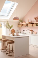 Bright and airy kitchen space with pink colored cabinets, open shelving, and a cohesive color scheme