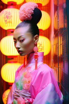 Elegant model posing with traditional lanterns in a floral kimono, embodying a fusion of modern and cultural aesthetics