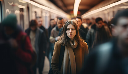 Anonymous Echoes The Metropolitan Journey of a Woman Blending Seamlessly into the Blurred Crowd in the Subway's Urban Tapestry